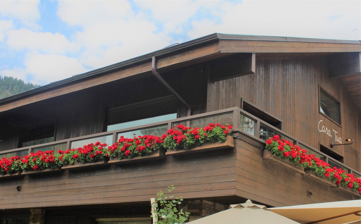 Casa Tua entrance in Aspen (lots of red flowers against the cabin-style wooden restaurant)