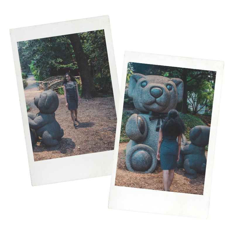 Teddy Bear Park Dallas Polaroid snapshots. Pictures of a curly haired girl exploring Teddy Bear Park. 