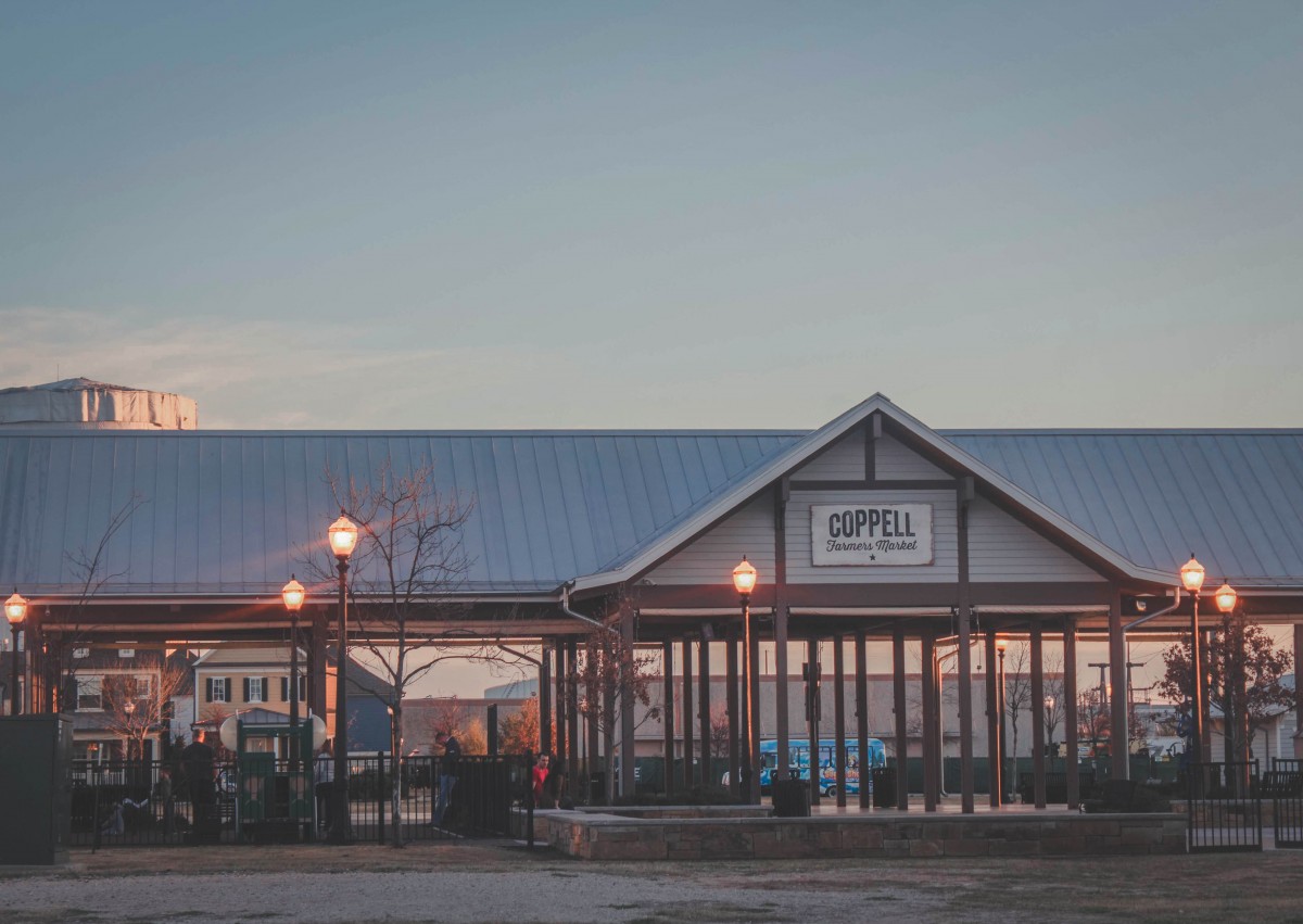 Farmer's Market at sunset in Old Town Coppell (empty building)