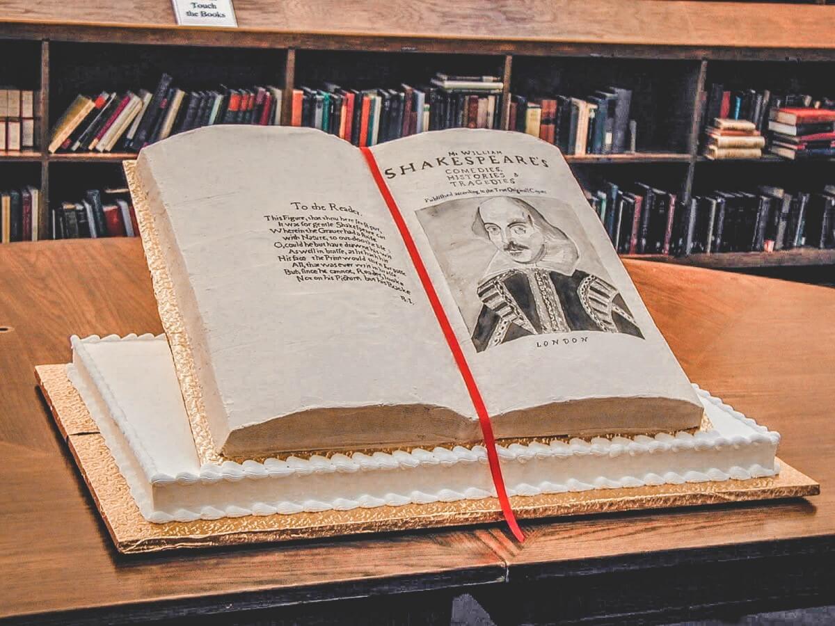 Vanilla Shakespeare Birthday Cake (shaped like a a book) to celebrate the Shakespeare festival. 