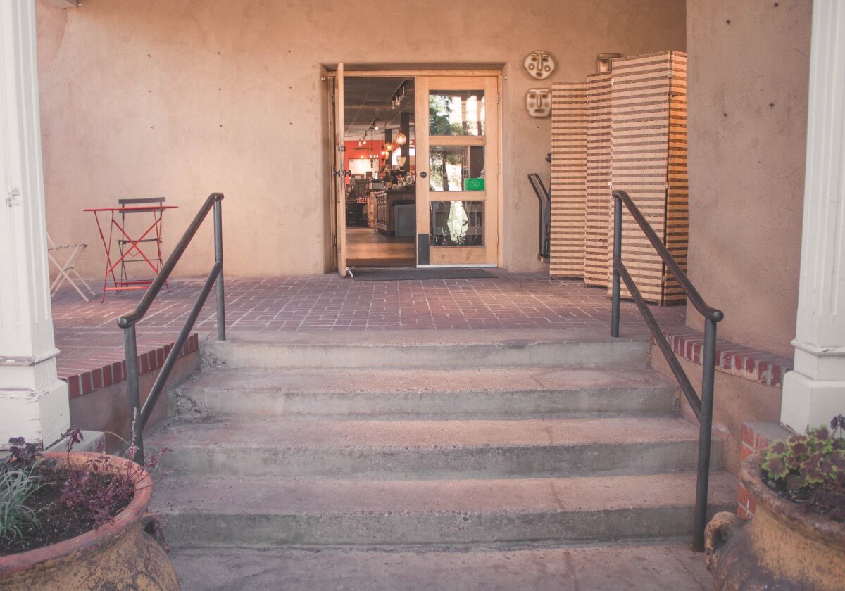 Stairs leading up to the entrance of Collected Works Bookstore and Coffeehouse in Santa Fe