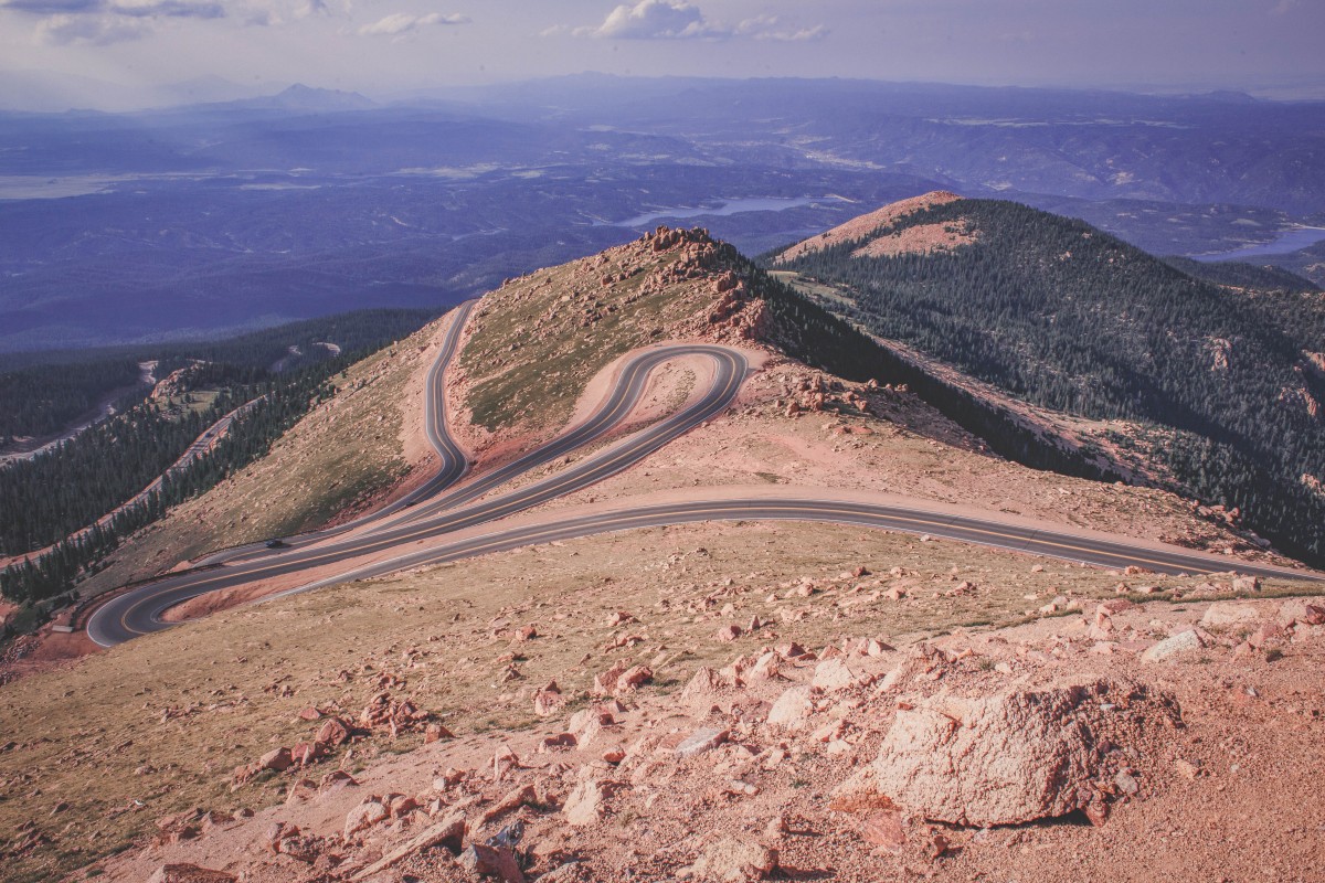 The winding road that is Pikes Peak Highway (you can see the city in the background)
