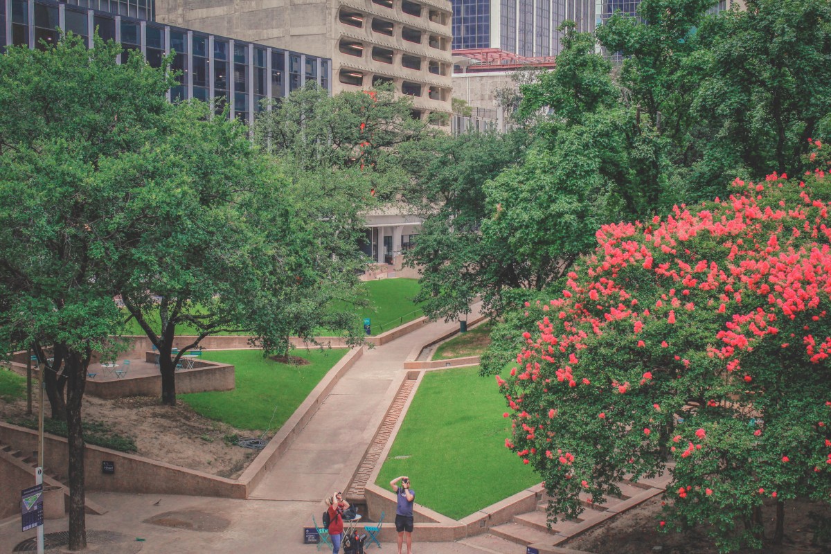 Thanks-Giving Square in full greenery is one of the prettiest parks in Dallas