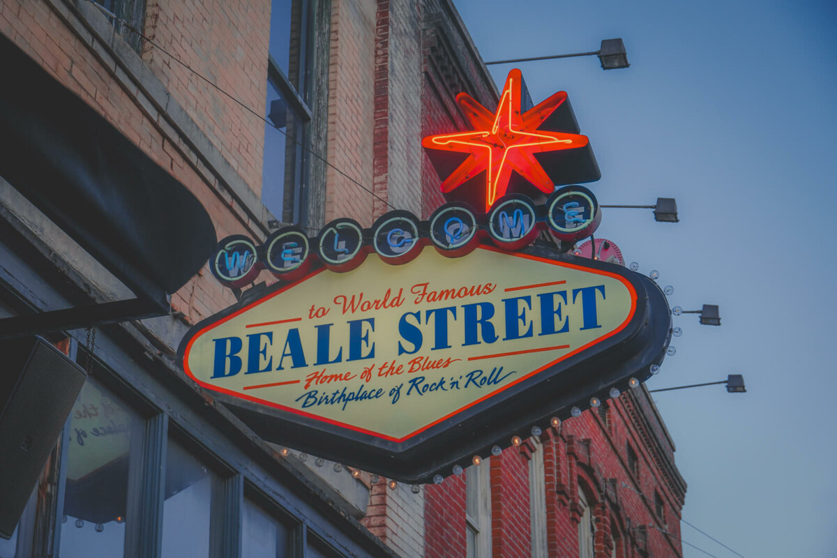 Neon sign in Beale Street that says Beale Street, home of the blues, birthplace of rock n' roll