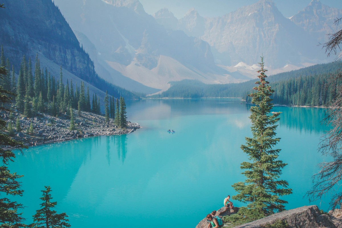 Moraine Lake in Canada with one kayaker out in the water