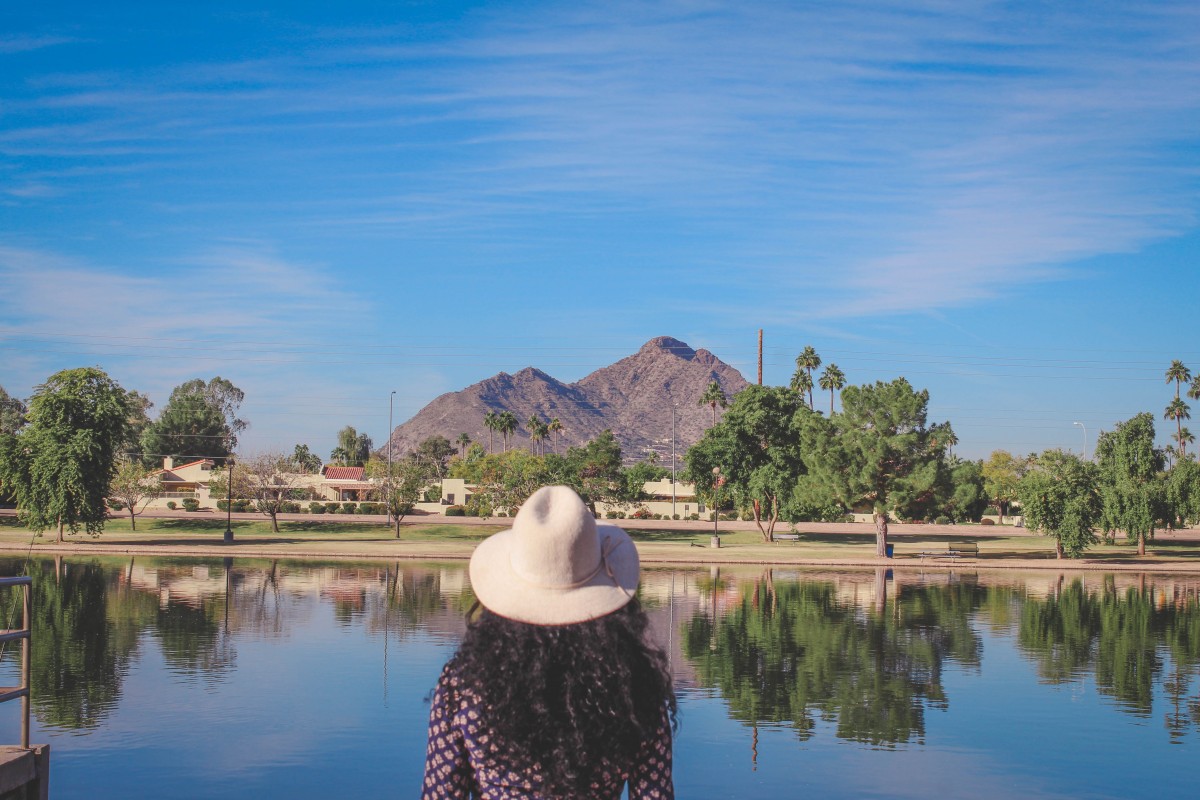 Camelback Mountain mirror lake at Chaparral Park, one of the best parks in Scottsdale