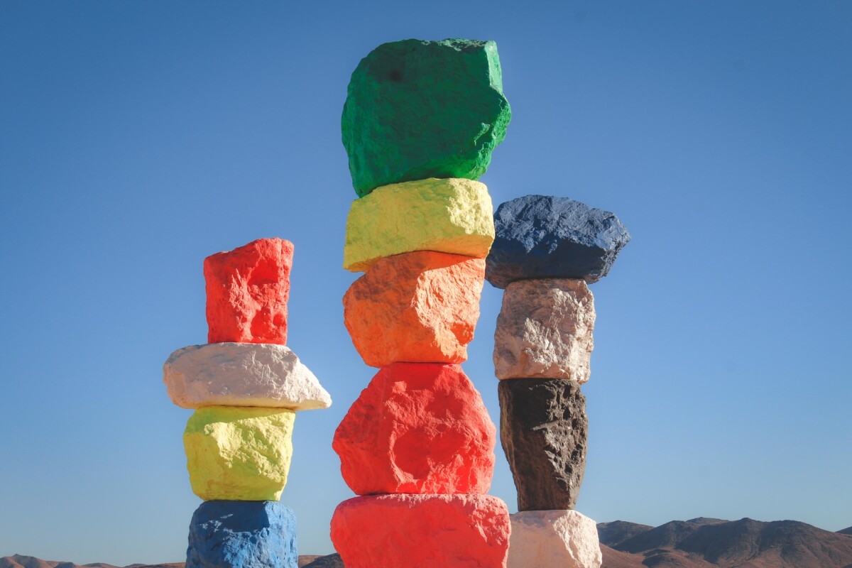 Seven Magic Mountains: up-close photo of three painted rocks near Vegas