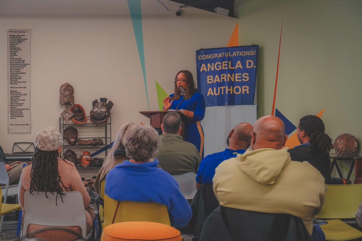 Angela Barnes, author, at Ujamaa community bookstore in Indianapolis