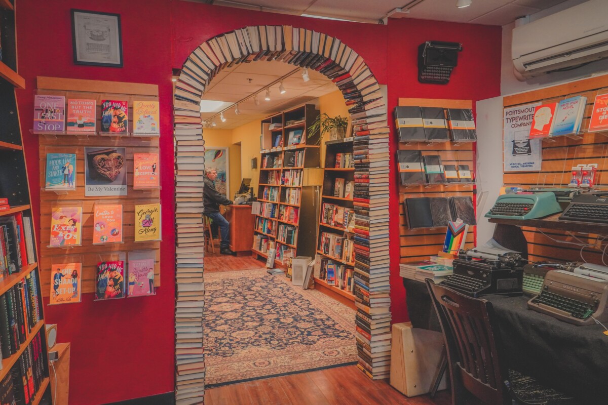 archway made of hardcover books in RiverRun Portsmouth