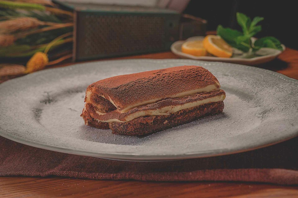 photo of a chocolate dusted layered tiramisu to represent Sandrino's Sausalito dessert