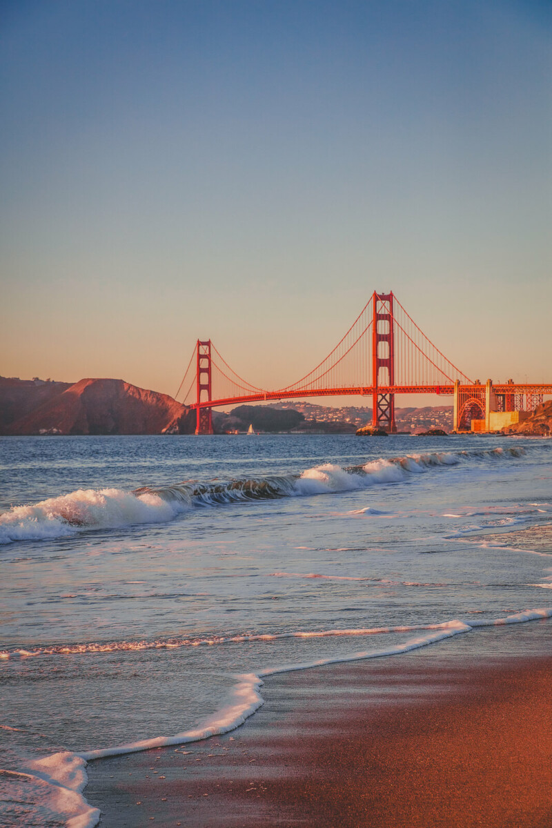 view of Golden Gate Bridge from Baker Beach, one of the prettiest iconic views from beaches near San Jose