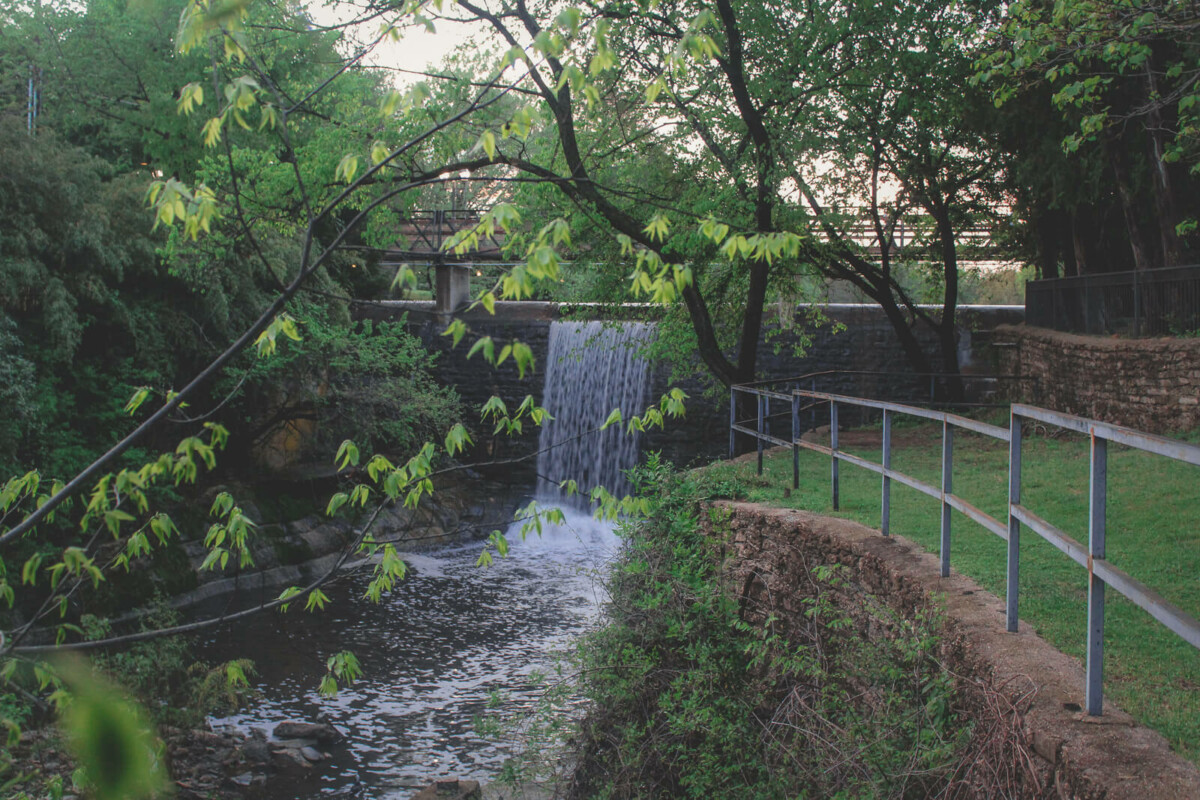 Lakeside Park waterfall at its fullest on a summer day
