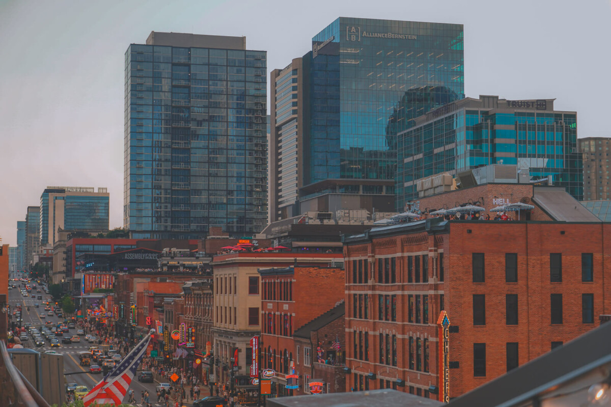 sunset on Honky Tonk Highway (view of country music bars and clubs on Broadway in downtown Nashville)