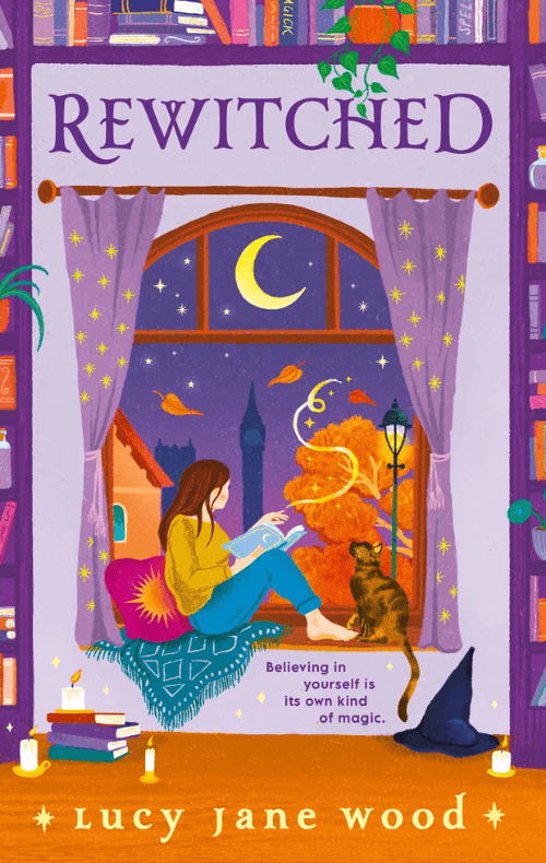 Rewitched, a witchy standalone set in October, book cover with crescent moon, autumnal trees, and purple bookshelves