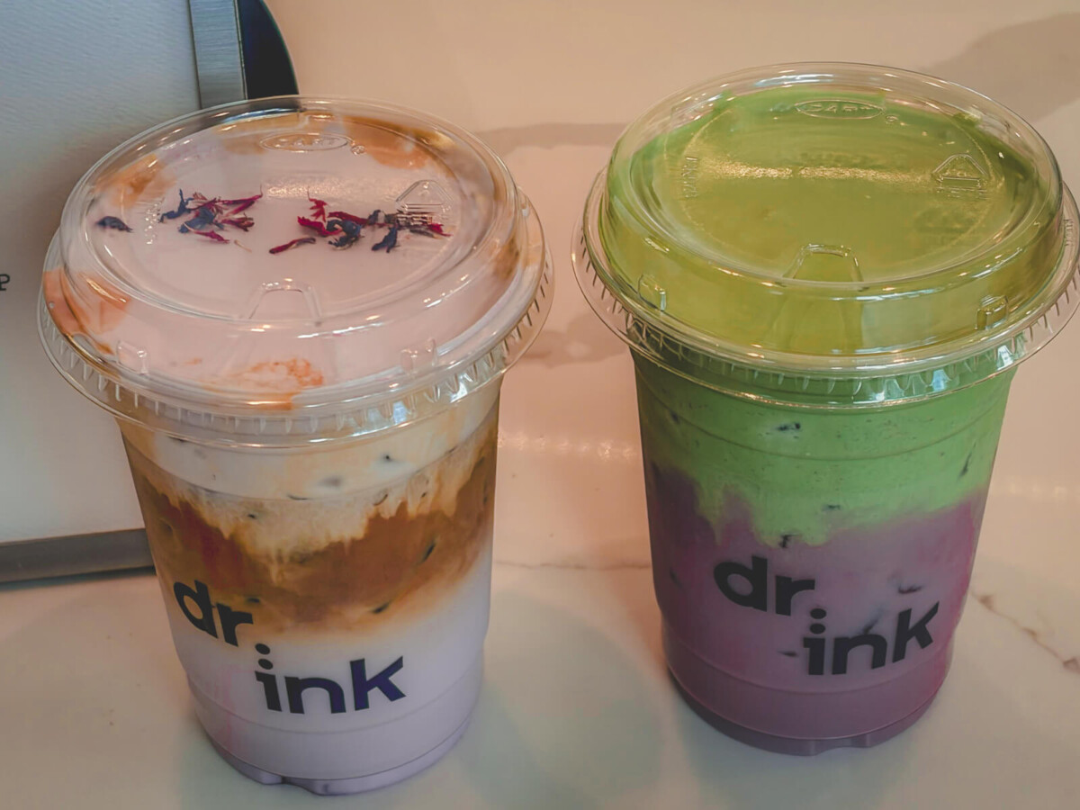 two iced drinks, a coffee and a matcha, from Dr. Ink in San Jose